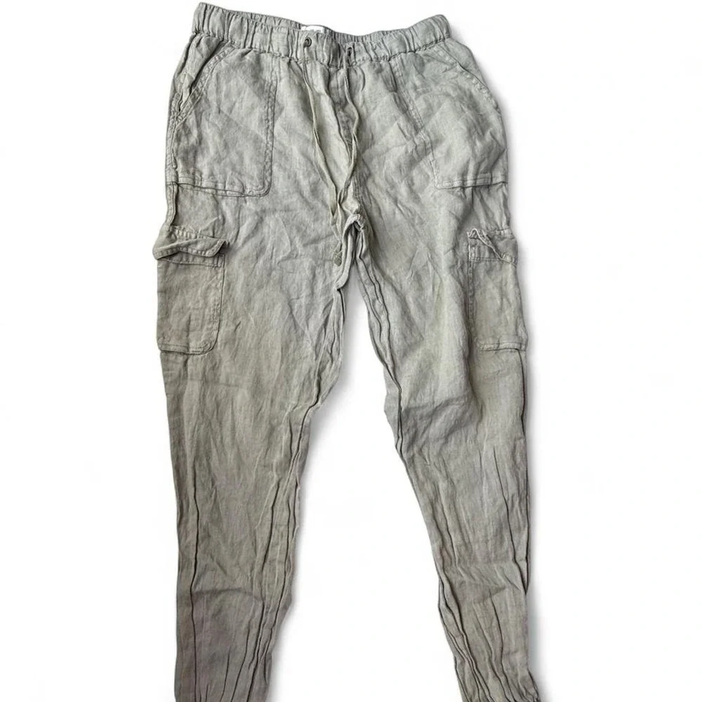 Nicole Miller 100% Linen Cargo Jogger Pants Sage Green Boho Coastal Medium